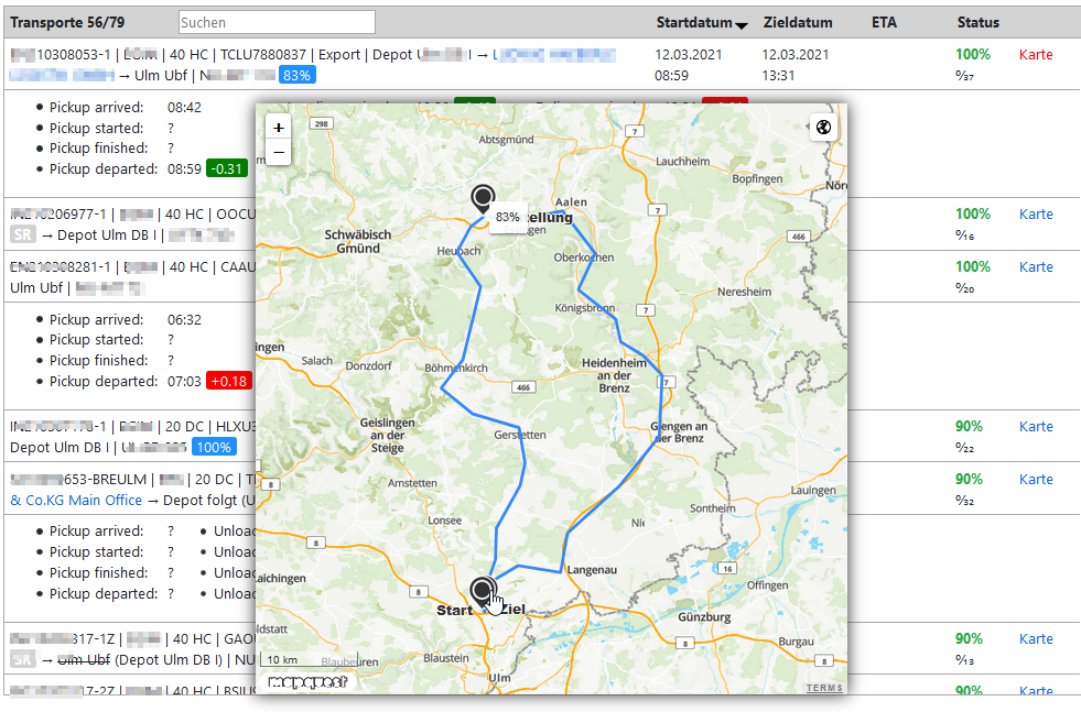 Map view of a tour in the overview of the IMSLOT Module Asset Tracker