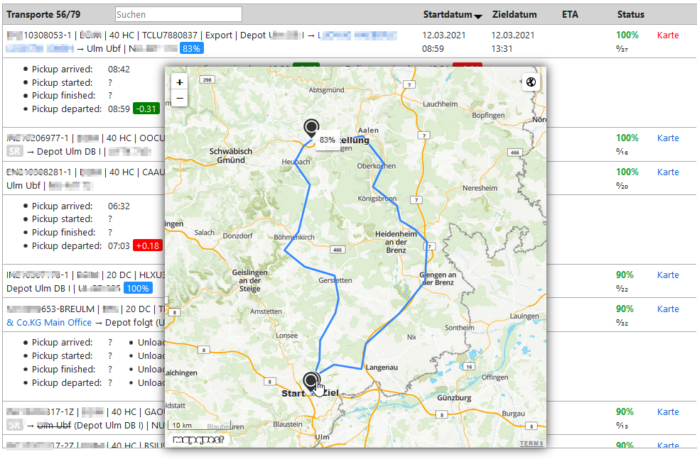 Kartenansicht einer Tour in der Übersicht des IMSLOT Modules Asset Tracker